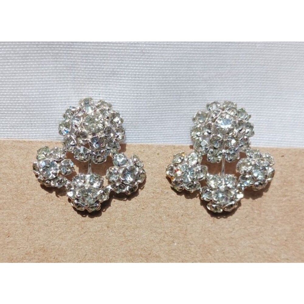 Vintage MARVELLA Rhinestone Clip On Earrings Silver Tone Unique ESTATE Jewelry